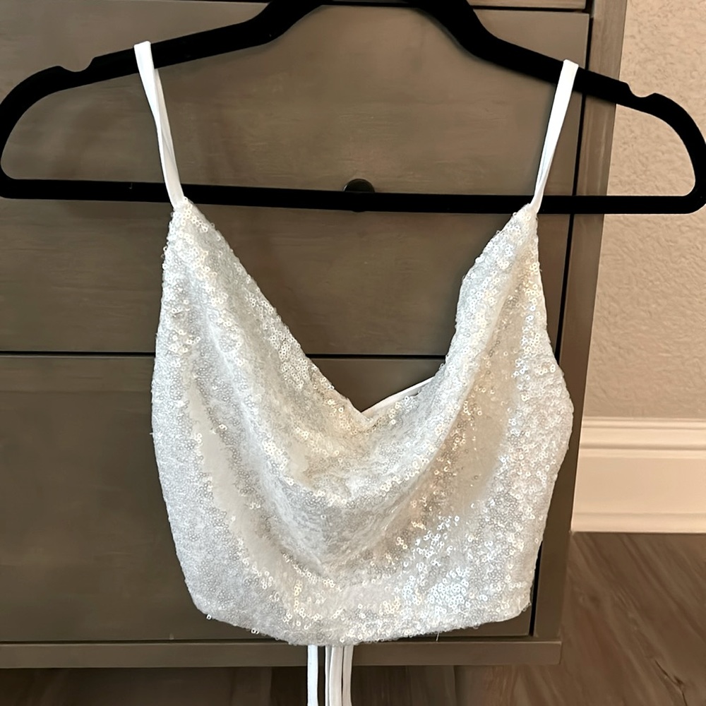 White Sequin Tie-Back Crop Top